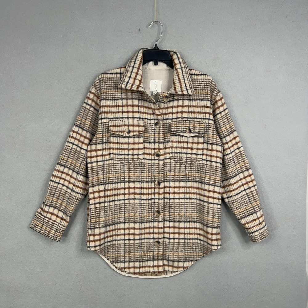 Joie Jacket Womens XS Beige Tan Plaid Shirt Shacket Soft Cozy Academia Preppy